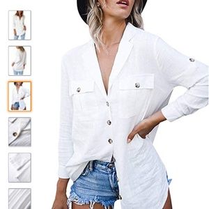 White Cotton Button Down Roll Up Sleeve Loose
